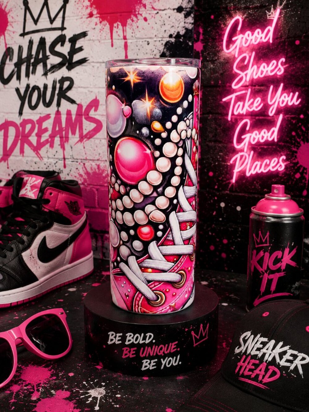 Colorful Sneaker Print Cylinder Accessory - Pink, Black, White 20oz Tumbler